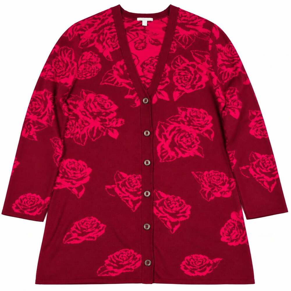 Isaac Mizrahi Rose Floral Cardigan Size XL Red Pink Button Sweater